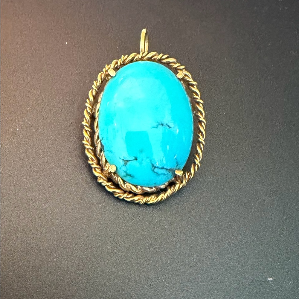 Turquoise Oval Pendant in case Gold Rope 14K Yellow Gold Charm Pendant